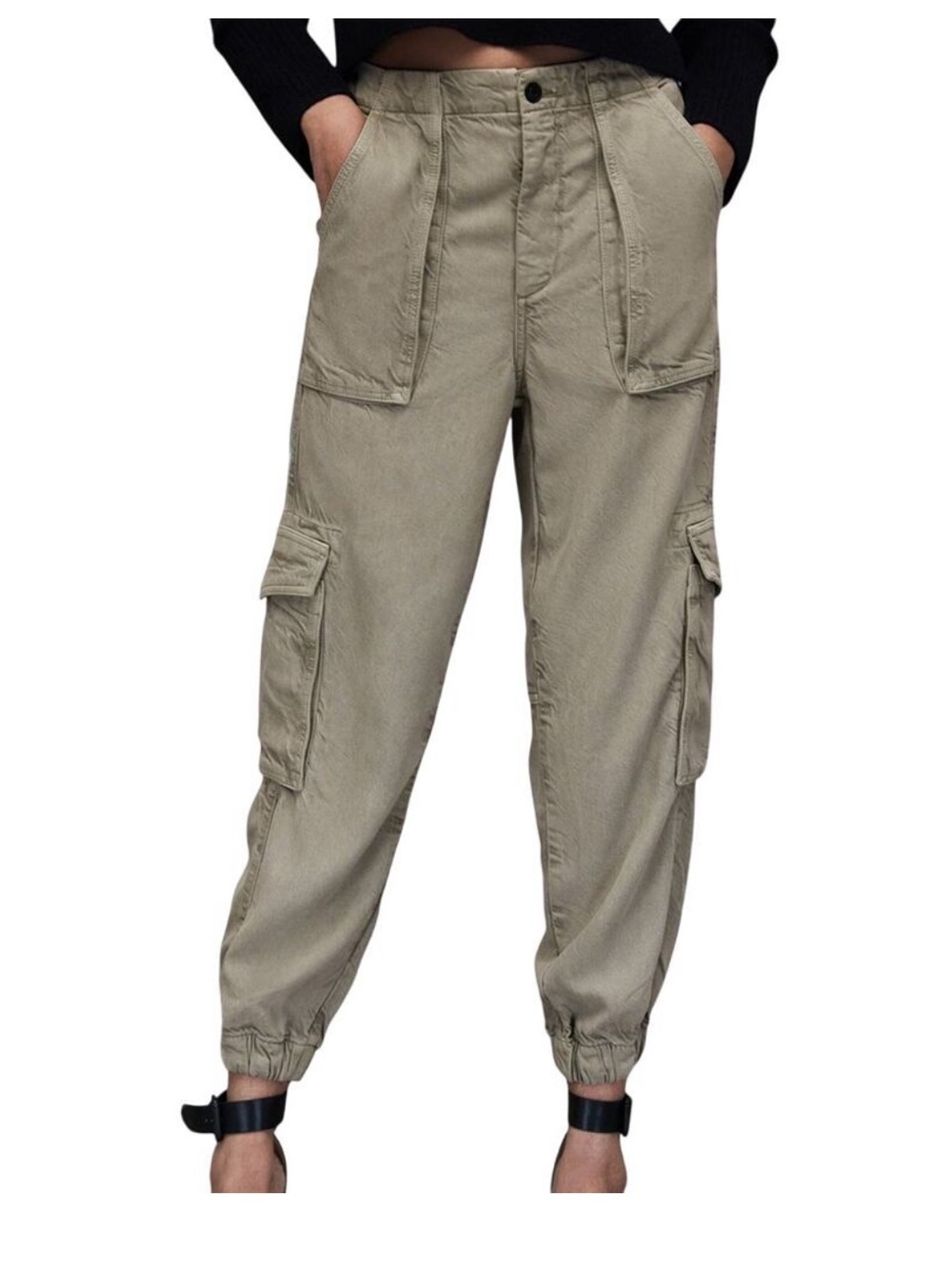 AllSaints Light Tan Cargo Pants with Utility Pockets size 4 elastic ankle